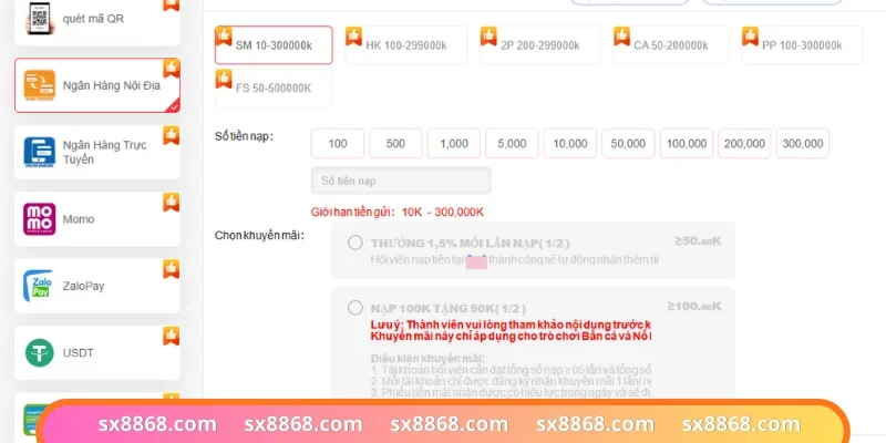 Ngân hàng là kênh nạp tiền SX88 nên thử